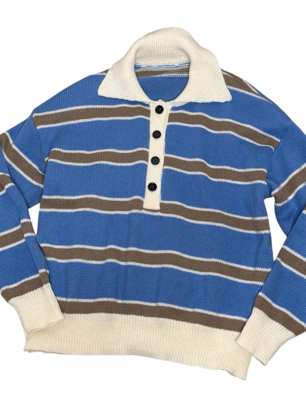 Boutique Blue Striped Collared Knit Sweater Women's S Oversized Polo Pullover - Picture 2 of 9